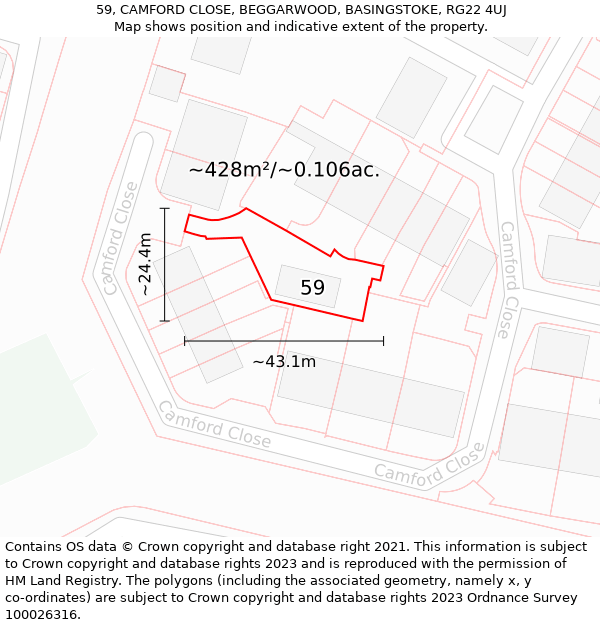 59, CAMFORD CLOSE, BEGGARWOOD, BASINGSTOKE, RG22 4UJ: Plot and title map