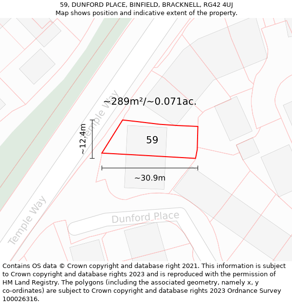 59, DUNFORD PLACE, BINFIELD, BRACKNELL, RG42 4UJ: Plot and title map