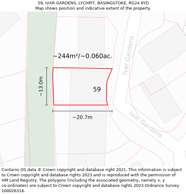 59, IVAR GARDENS, LYCHPIT, BASINGSTOKE, RG24 8YD: Plot and title map