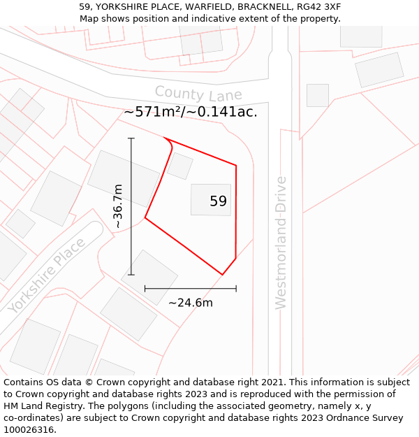 59, YORKSHIRE PLACE, WARFIELD, BRACKNELL, RG42 3XF: Plot and title map