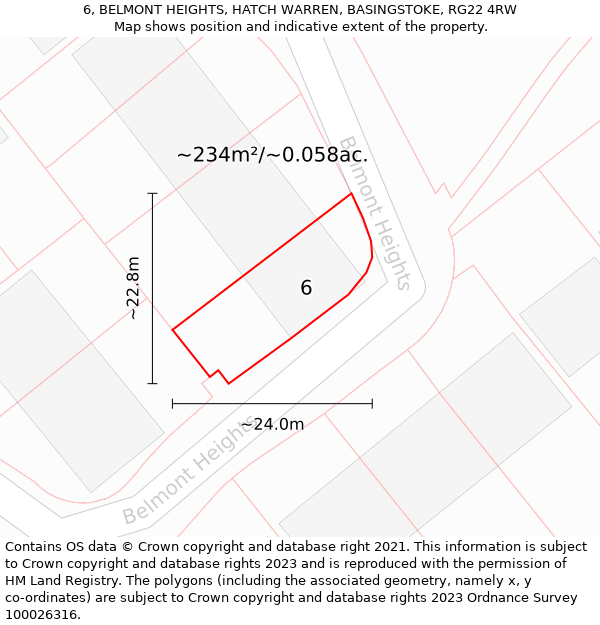 6, BELMONT HEIGHTS, HATCH WARREN, BASINGSTOKE, RG22 4RW: Plot and title map