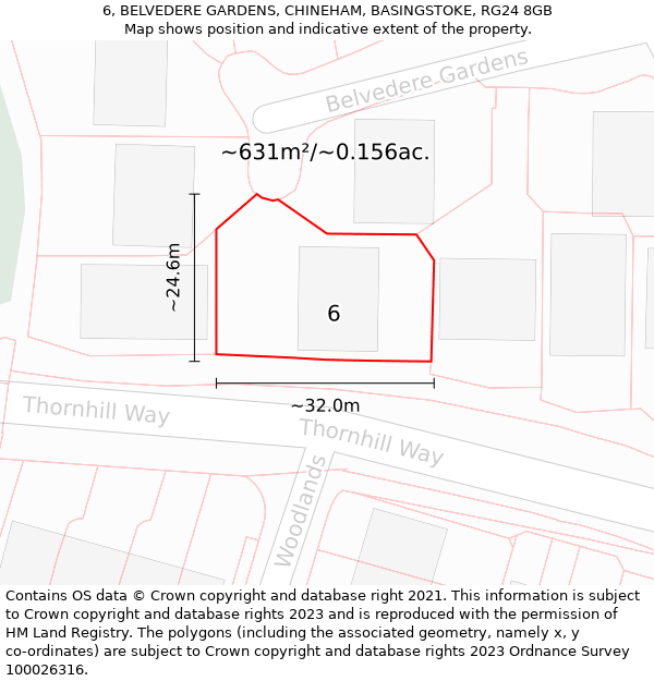 6, BELVEDERE GARDENS, CHINEHAM, BASINGSTOKE, RG24 8GB: Plot and title map