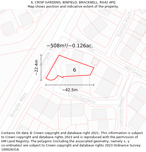 6, CRISP GARDENS, BINFIELD, BRACKNELL, RG42 4PQ: Plot and title map