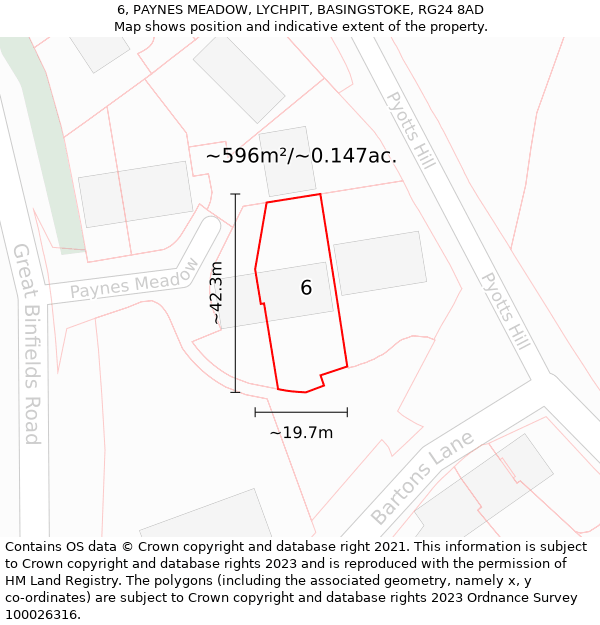 6, PAYNES MEADOW, LYCHPIT, BASINGSTOKE, RG24 8AD: Plot and title map