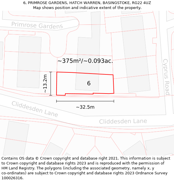 6, PRIMROSE GARDENS, HATCH WARREN, BASINGSTOKE, RG22 4UZ: Plot and title map