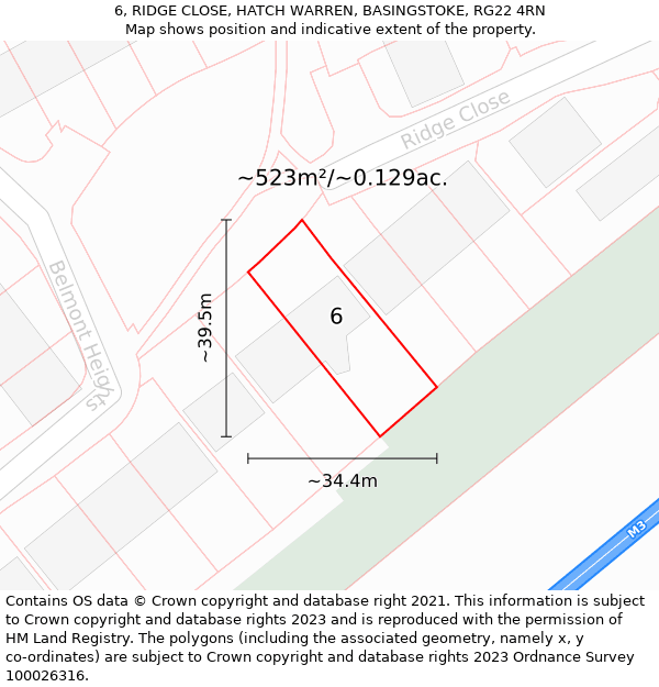 6, RIDGE CLOSE, HATCH WARREN, BASINGSTOKE, RG22 4RN: Plot and title map