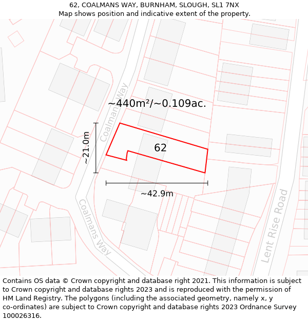 62, COALMANS WAY, BURNHAM, SLOUGH, SL1 7NX: Plot and title map