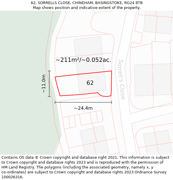 62, SORRELLS CLOSE, CHINEHAM, BASINGSTOKE, RG24 8TB: Plot and title map