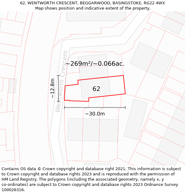 62, WENTWORTH CRESCENT, BEGGARWOOD, BASINGSTOKE, RG22 4WX: Plot and title map