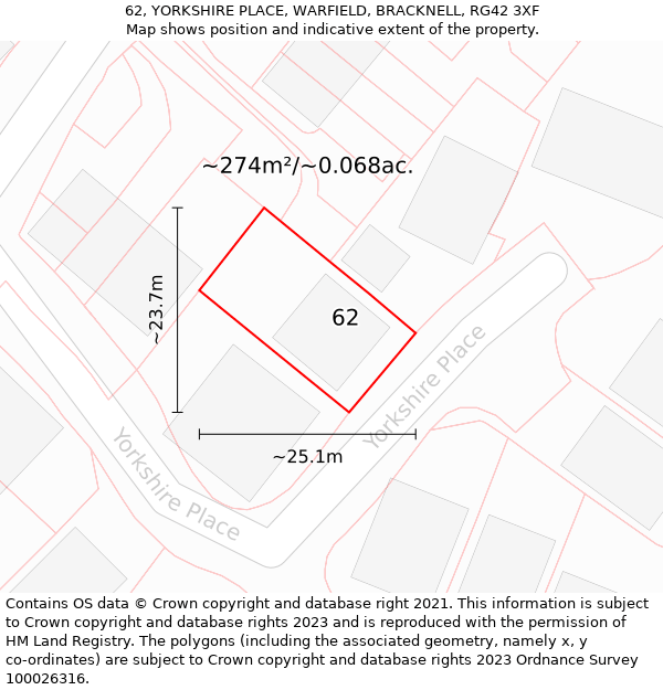 62, YORKSHIRE PLACE, WARFIELD, BRACKNELL, RG42 3XF: Plot and title map