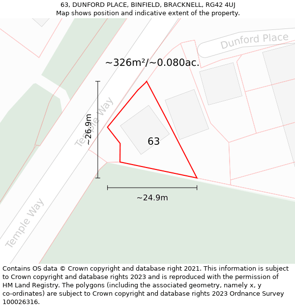 63, DUNFORD PLACE, BINFIELD, BRACKNELL, RG42 4UJ: Plot and title map