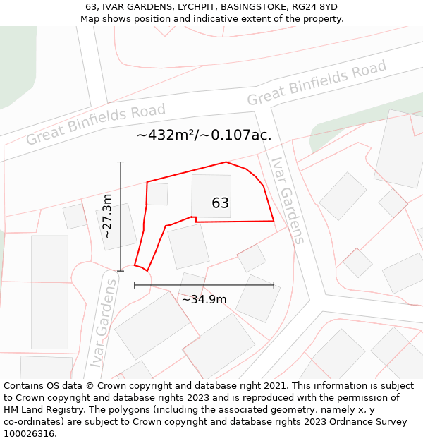 63, IVAR GARDENS, LYCHPIT, BASINGSTOKE, RG24 8YD: Plot and title map