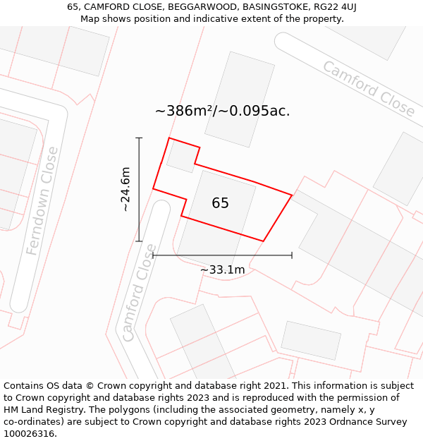 65, CAMFORD CLOSE, BEGGARWOOD, BASINGSTOKE, RG22 4UJ: Plot and title map