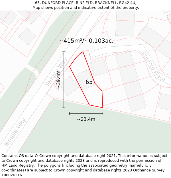 65, DUNFORD PLACE, BINFIELD, BRACKNELL, RG42 4UJ: Plot and title map