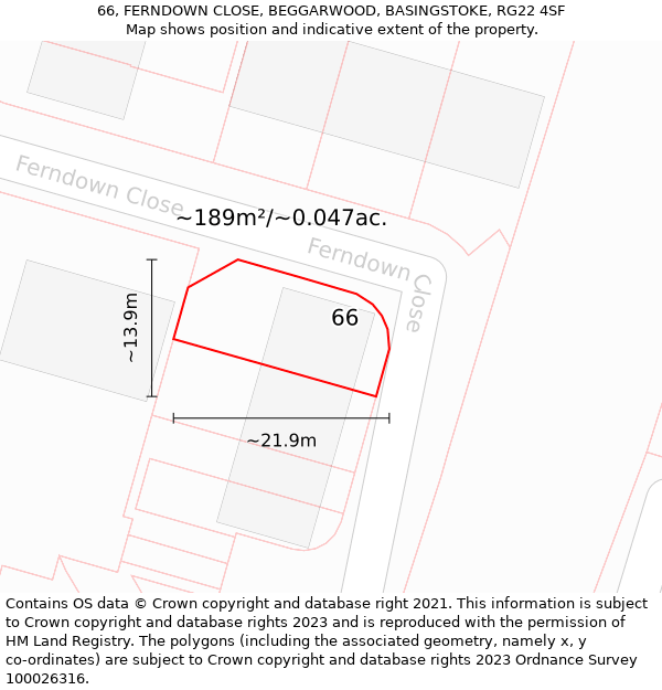 66, FERNDOWN CLOSE, BEGGARWOOD, BASINGSTOKE, RG22 4SF: Plot and title map