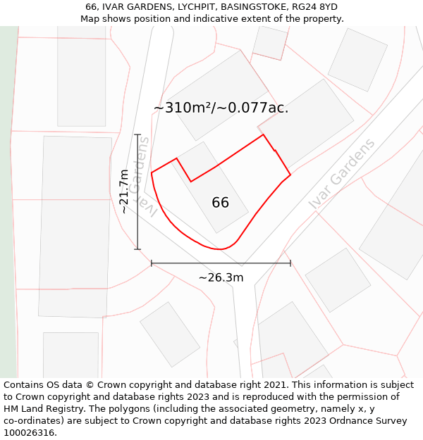 66, IVAR GARDENS, LYCHPIT, BASINGSTOKE, RG24 8YD: Plot and title map