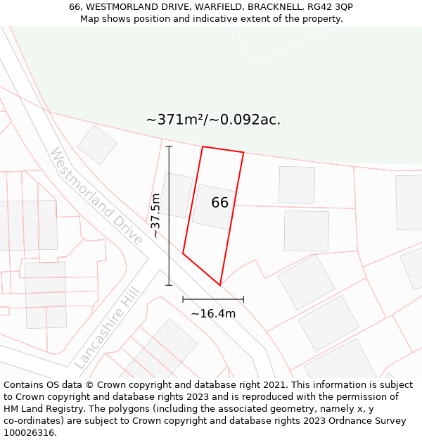 66, WESTMORLAND DRIVE, WARFIELD, BRACKNELL, RG42 3QP: Plot and title map