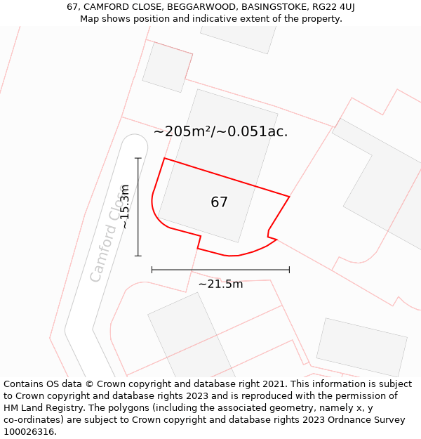 67, CAMFORD CLOSE, BEGGARWOOD, BASINGSTOKE, RG22 4UJ: Plot and title map