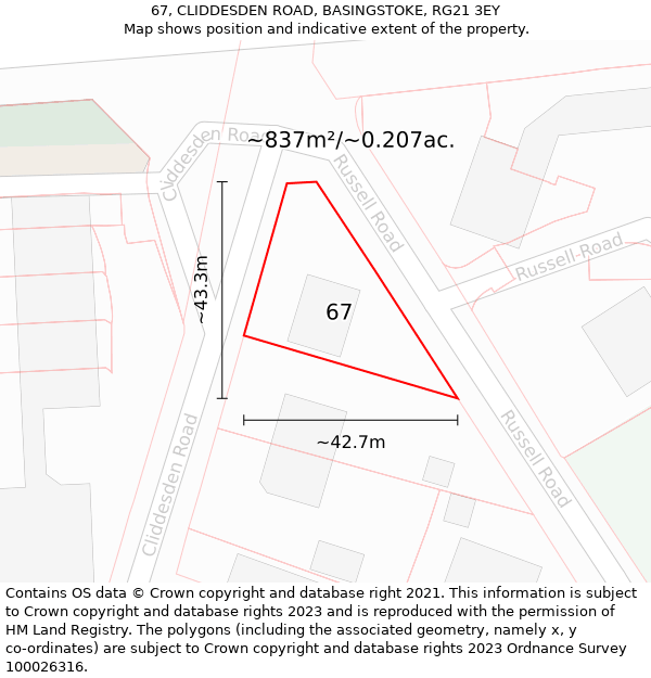 67, CLIDDESDEN ROAD, BASINGSTOKE, RG21 3EY: Plot and title map