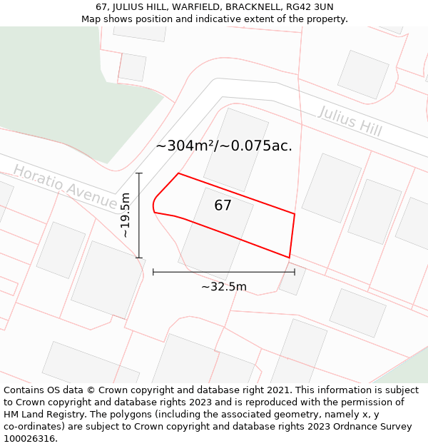 67, JULIUS HILL, WARFIELD, BRACKNELL, RG42 3UN: Plot and title map