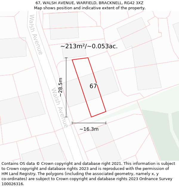 67, WALSH AVENUE, WARFIELD, BRACKNELL, RG42 3XZ: Plot and title map