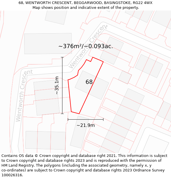 68, WENTWORTH CRESCENT, BEGGARWOOD, BASINGSTOKE, RG22 4WX: Plot and title map