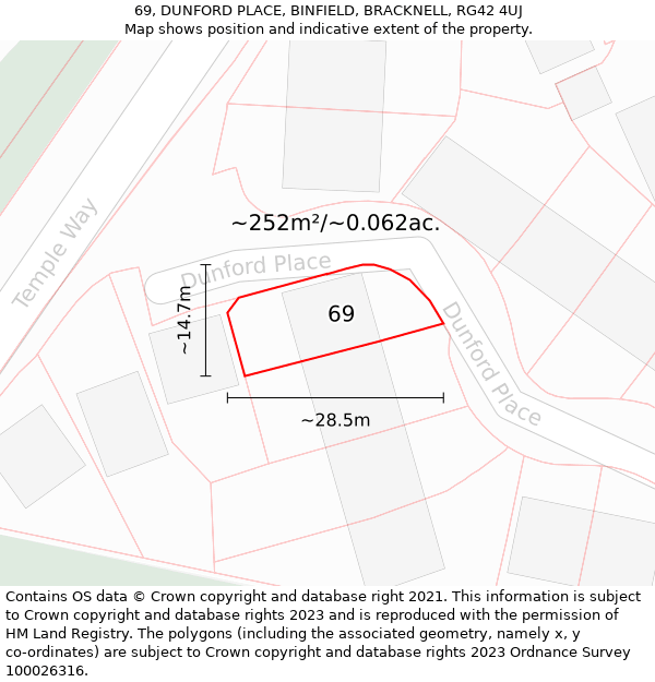 69, DUNFORD PLACE, BINFIELD, BRACKNELL, RG42 4UJ: Plot and title map