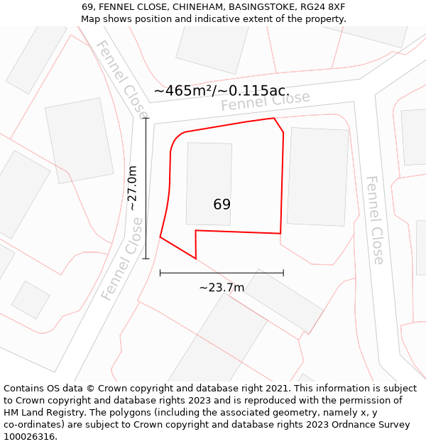 69, FENNEL CLOSE, CHINEHAM, BASINGSTOKE, RG24 8XF: Plot and title map