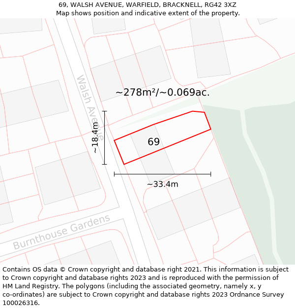 69, WALSH AVENUE, WARFIELD, BRACKNELL, RG42 3XZ: Plot and title map