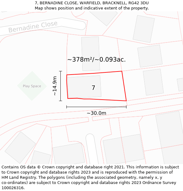 7, BERNADINE CLOSE, WARFIELD, BRACKNELL, RG42 3DU: Plot and title map