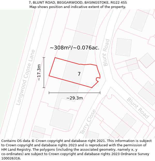 7, BLUNT ROAD, BEGGARWOOD, BASINGSTOKE, RG22 4SS: Plot and title map