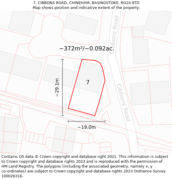 7, CIBBONS ROAD, CHINEHAM, BASINGSTOKE, RG24 8TD: Plot and title map