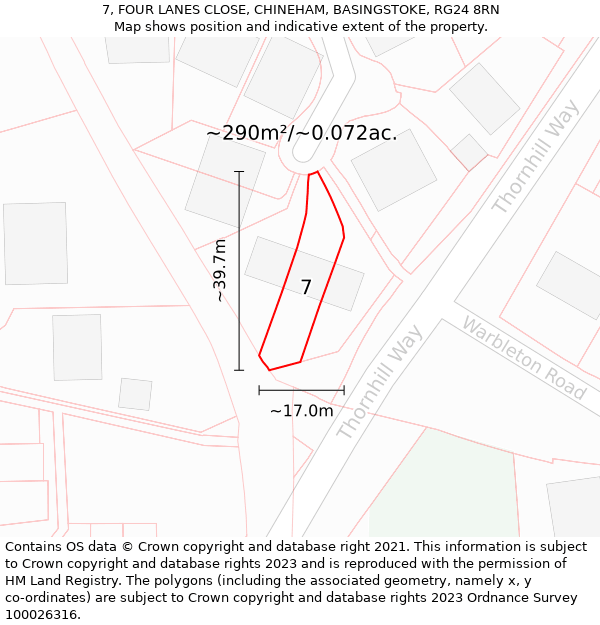 7, FOUR LANES CLOSE, CHINEHAM, BASINGSTOKE, RG24 8RN: Plot and title map