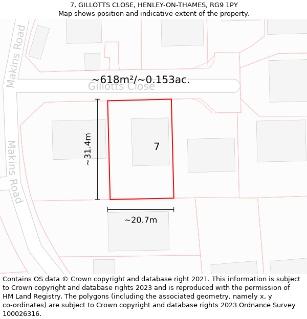 7, GILLOTTS CLOSE, HENLEY-ON-THAMES, RG9 1PY: Plot and title map