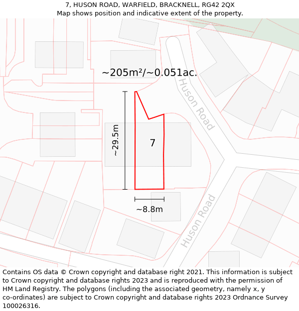 7, HUSON ROAD, WARFIELD, BRACKNELL, RG42 2QX: Plot and title map