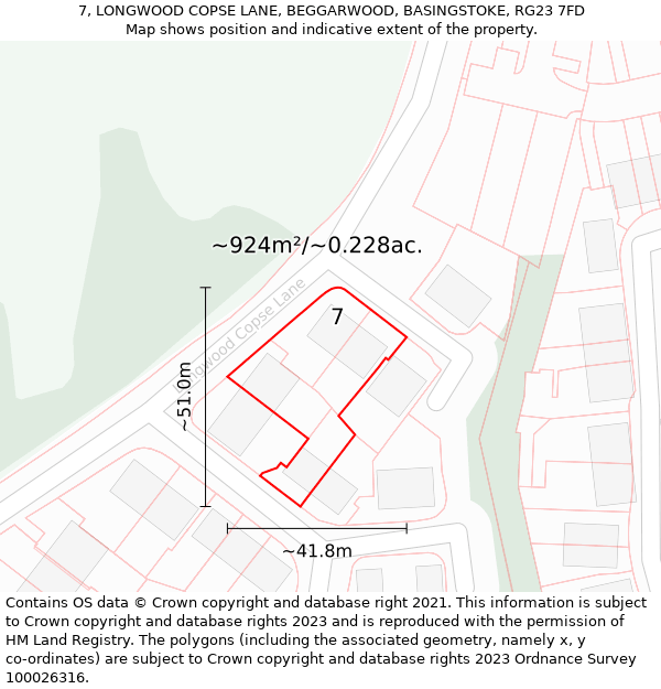 7, LONGWOOD COPSE LANE, BEGGARWOOD, BASINGSTOKE, RG23 7FD: Plot and title map