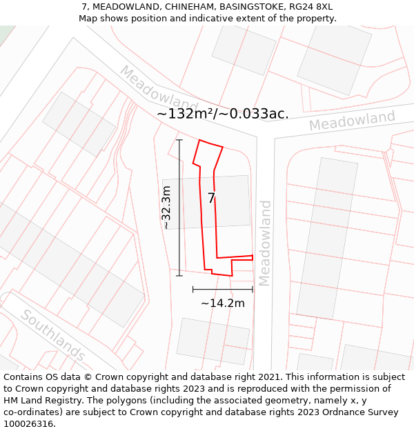 7, MEADOWLAND, CHINEHAM, BASINGSTOKE, RG24 8XL: Plot and title map