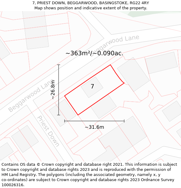 7, PRIEST DOWN, BEGGARWOOD, BASINGSTOKE, RG22 4RY: Plot and title map