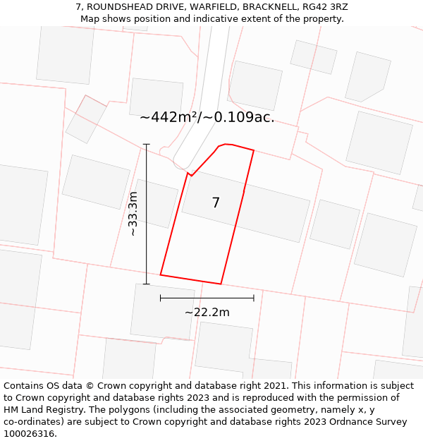 7, ROUNDSHEAD DRIVE, WARFIELD, BRACKNELL, RG42 3RZ: Plot and title map