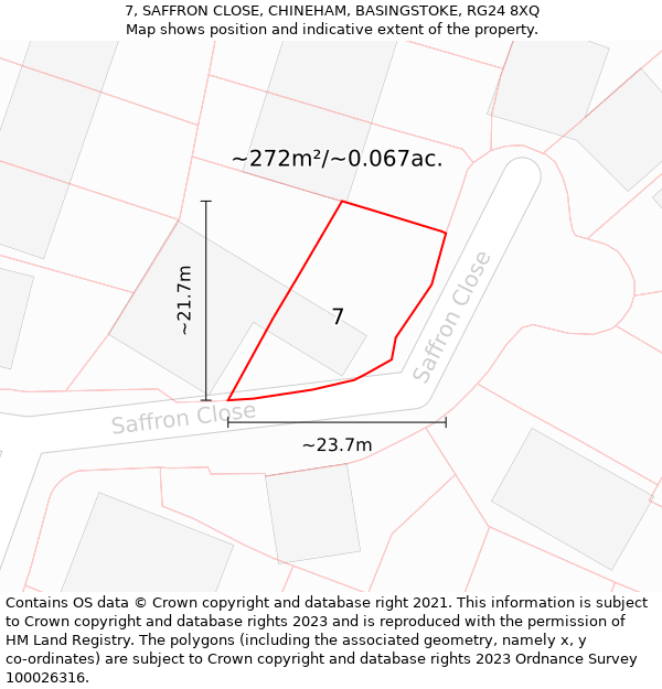 7, SAFFRON CLOSE, CHINEHAM, BASINGSTOKE, RG24 8XQ: Plot and title map