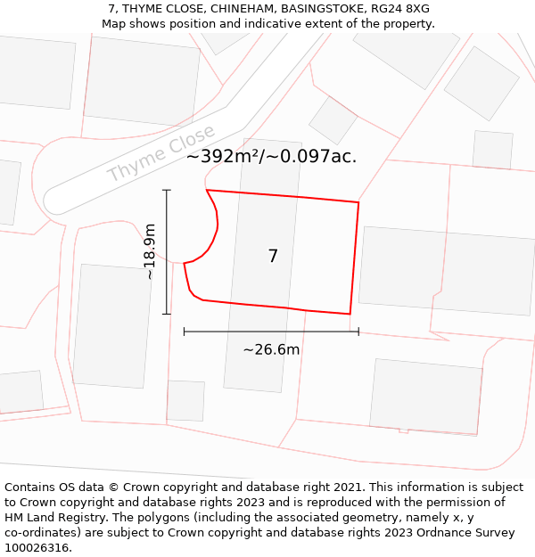 7, THYME CLOSE, CHINEHAM, BASINGSTOKE, RG24 8XG: Plot and title map