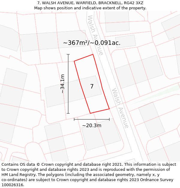 7, WALSH AVENUE, WARFIELD, BRACKNELL, RG42 3XZ: Plot and title map