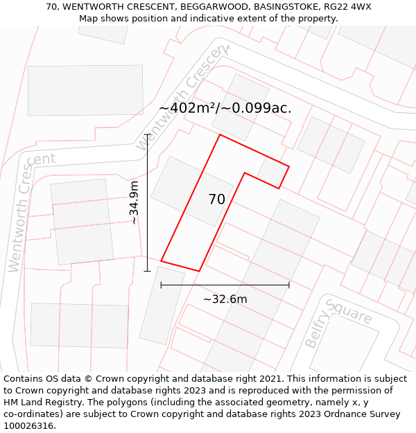 70, WENTWORTH CRESCENT, BEGGARWOOD, BASINGSTOKE, RG22 4WX: Plot and title map