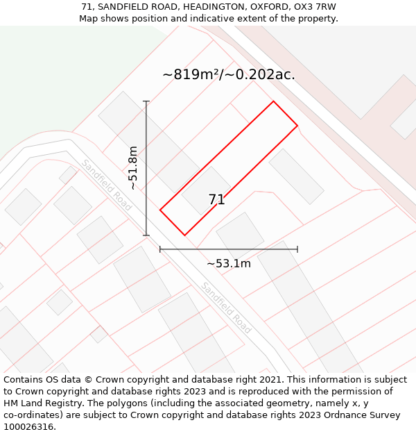 71, SANDFIELD ROAD, HEADINGTON, OXFORD, OX3 7RW: Plot and title map