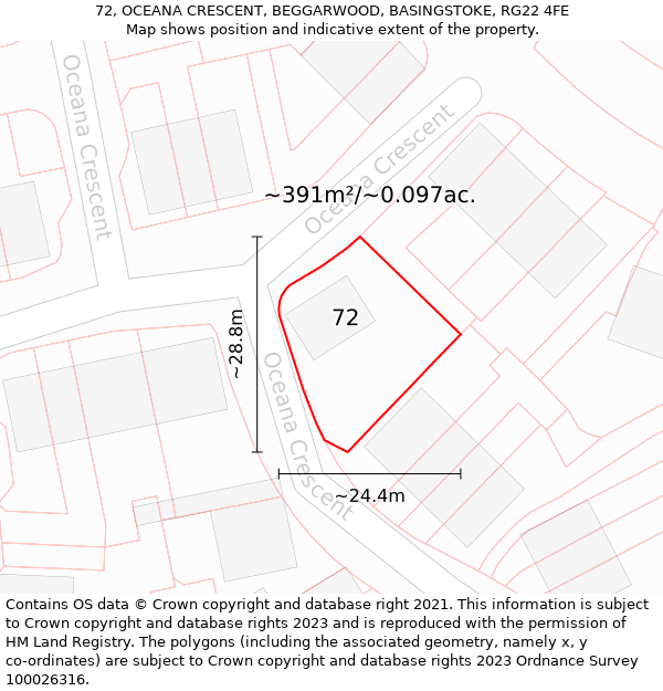 72, OCEANA CRESCENT, BEGGARWOOD, BASINGSTOKE, RG22 4FE: Plot and title map