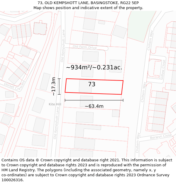 73, OLD KEMPSHOTT LANE, BASINGSTOKE, RG22 5EP: Plot and title map