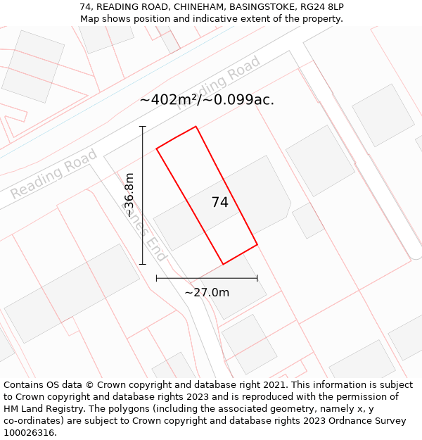 74, READING ROAD, CHINEHAM, BASINGSTOKE, RG24 8LP: Plot and title map