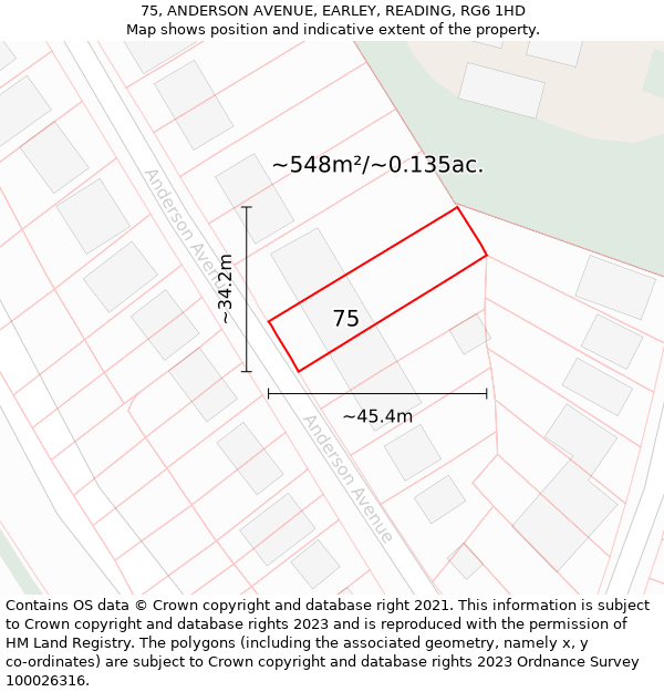 75, ANDERSON AVENUE, EARLEY, READING, RG6 1HD: Plot and title map