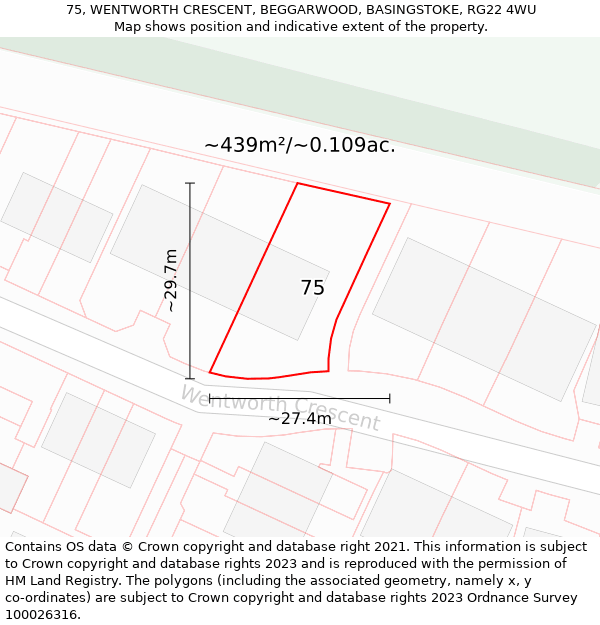 75, WENTWORTH CRESCENT, BEGGARWOOD, BASINGSTOKE, RG22 4WU: Plot and title map