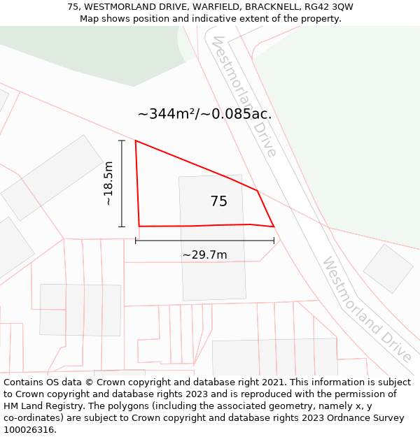 75, WESTMORLAND DRIVE, WARFIELD, BRACKNELL, RG42 3QW: Plot and title map